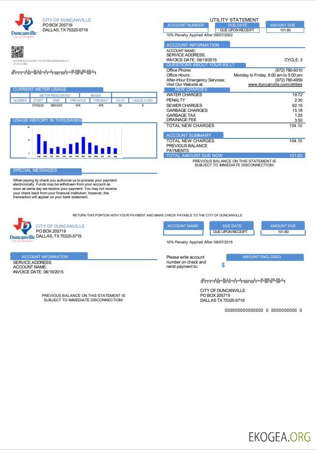 USA Texas City of Duncanville utility bill template in Word and PDF format